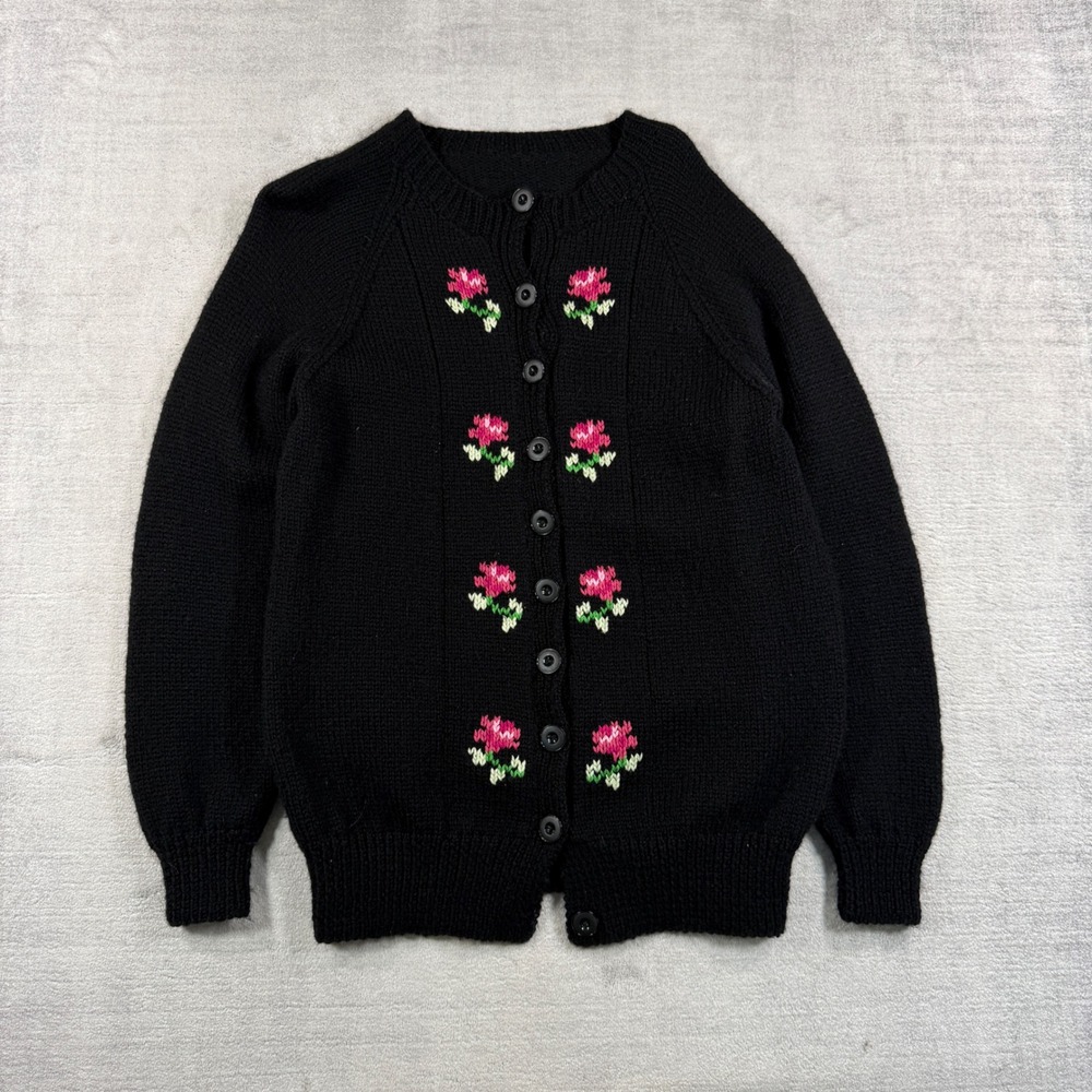 Handmade Floral Cardigan Women Medium Black Vintage Knit Cottagecore Sweater